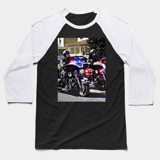 Two Motorcycle Cops With Flashing Lights Baseball T-Shirt by SusanSavad
